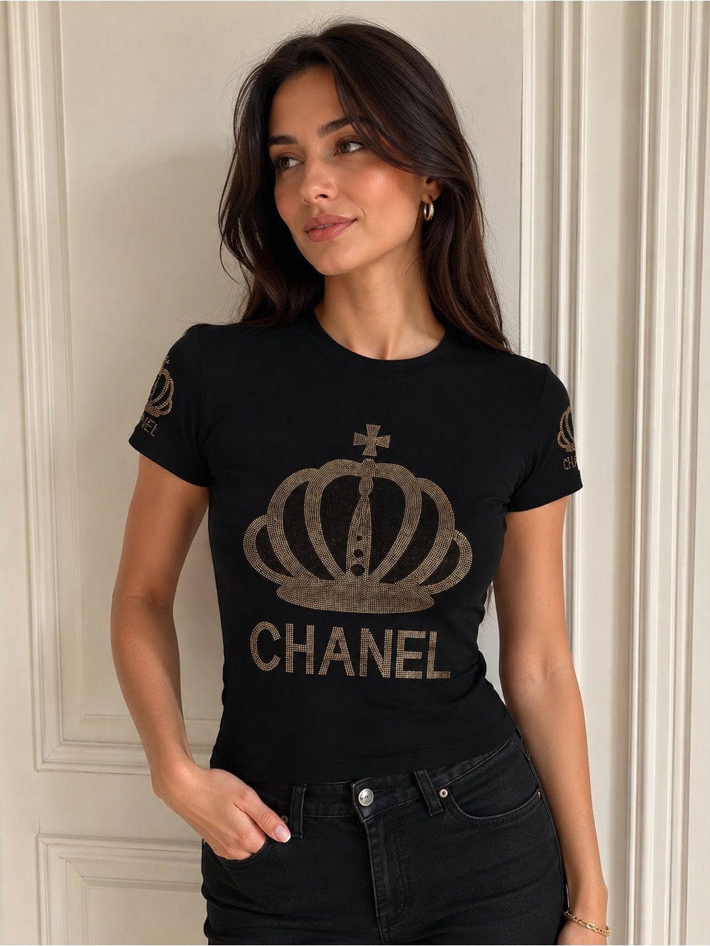 Chanel Inspired Black T-Shirt with Gold Crown Logo (Not Authentic)